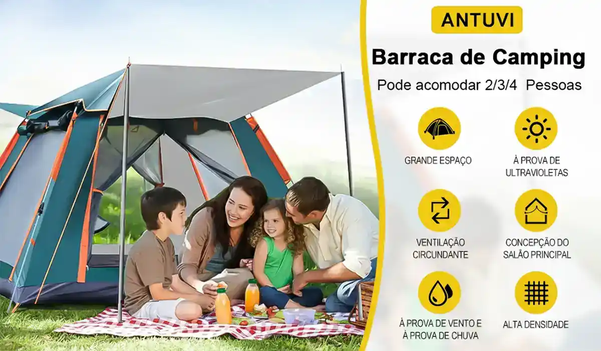 Detalhe do mecanismo de articulação rápida das varetas da barraca ANTUVI, mostrando o sistema de abertura automática estilo guarda-chuva.