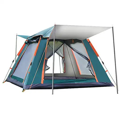 Barraca de camping automática ANTUVI azul montada em ambiente externo, destacando o sistema de abertura rápida e o tecido com proteção solar Silver Coating.