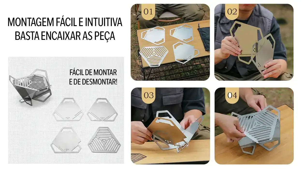 Passo a passo visual de como montar sua mini churrasqueira portátil de inox. A imagem mostra como as peças planas se transformam em um braseiro robusto apenas com encaixes manuais, sem usar nenhuma ferramenta.