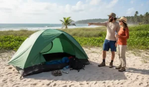 Barraca Takoma 2 Pessoas NTK montada em solo de montanha, exibindo o sobreteto integral verde em poliéster 190T tensionado, varetas Nanoflex e pequeno avanço frontal para proteção de equipamentos.